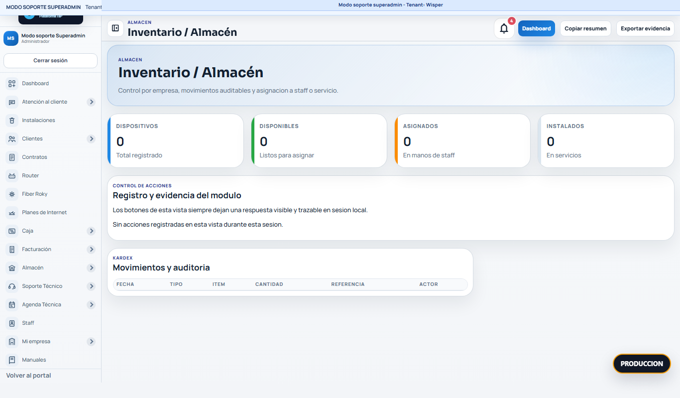 BEFORE Almacen Wisper /panel/?view=inventory-dashboard