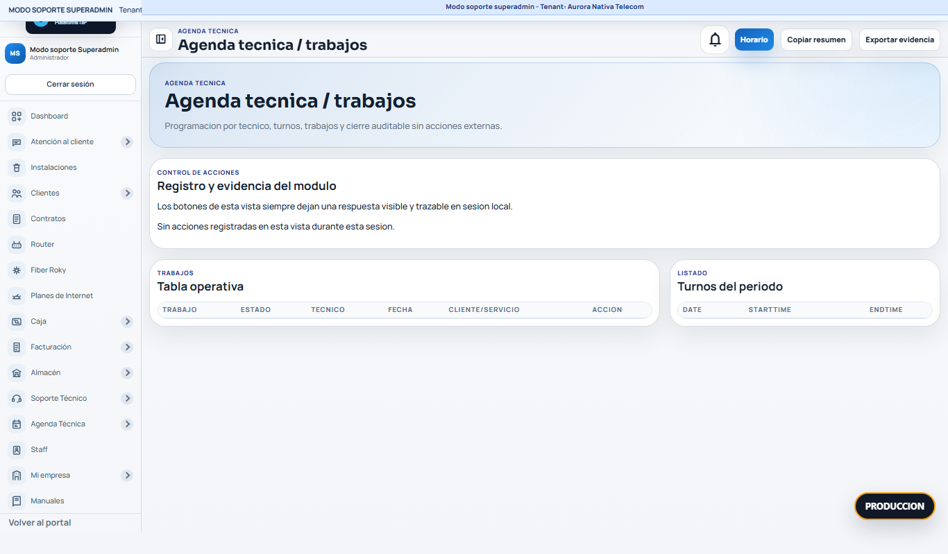 BEFORE Agenda Tecnica Aurora Nativa Telecom /panel/?view=field-schedule